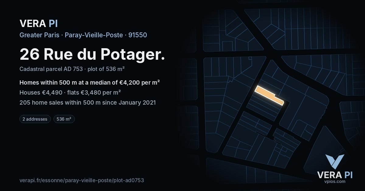26 Rue du Potager, Paray-Vieille-Poste at night – the plot lit, the parcels around coloured by the prices near them