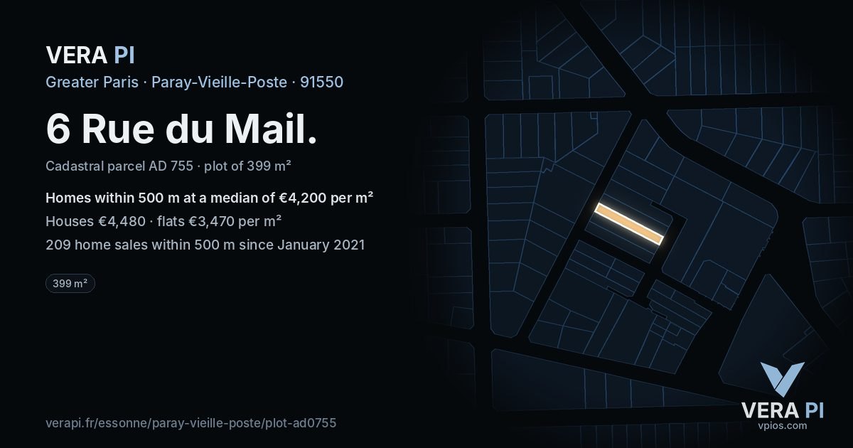 6 Rue du Mail, Paray-Vieille-Poste at night – the plot lit, the parcels around coloured by the prices near them