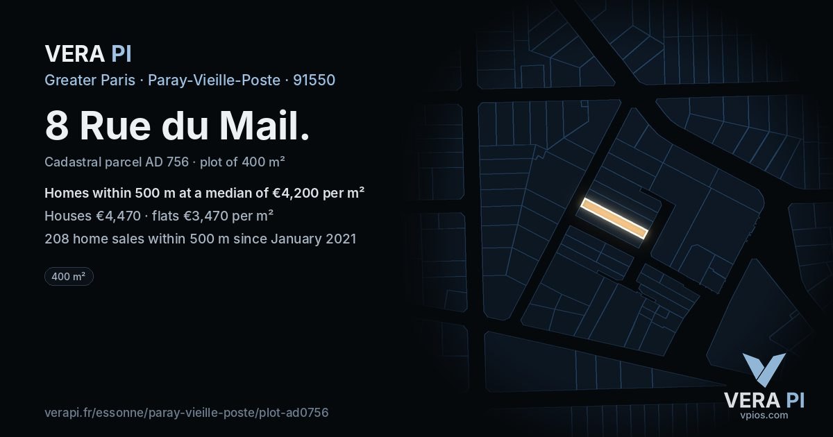 8 Rue du Mail, Paray-Vieille-Poste at night – the plot lit, the parcels around coloured by the prices near them