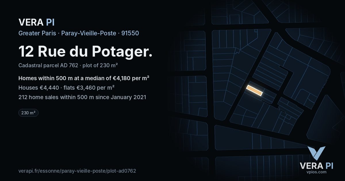 12 Rue du Potager, Paray-Vieille-Poste at night – the plot lit, the parcels around coloured by the prices near them