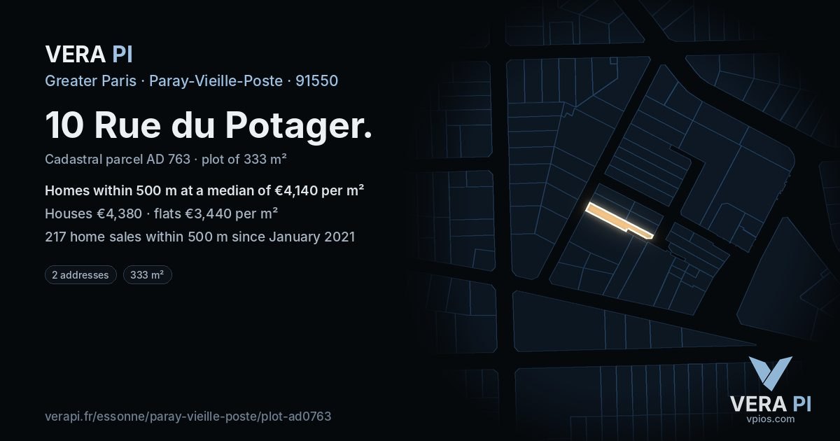 10 Rue du Potager, Paray-Vieille-Poste at night – the plot lit, the parcels around coloured by the prices near them