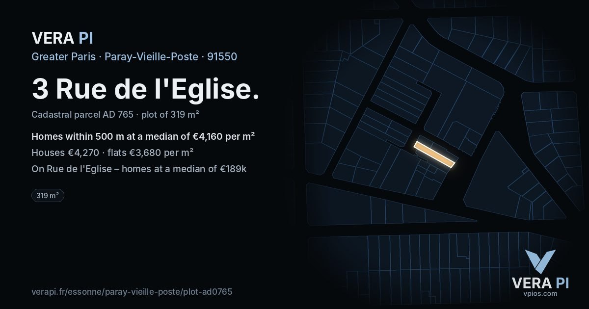 3 Rue de l'Eglise, Paray-Vieille-Poste at night – the plot lit, the parcels around coloured by the prices near them