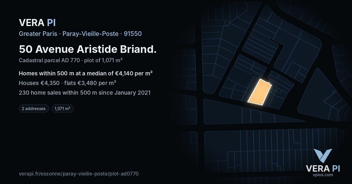 50 Avenue Aristide Briand, Paray-Vieille-Poste at night – the plot lit, the parcels around coloured by the prices near them