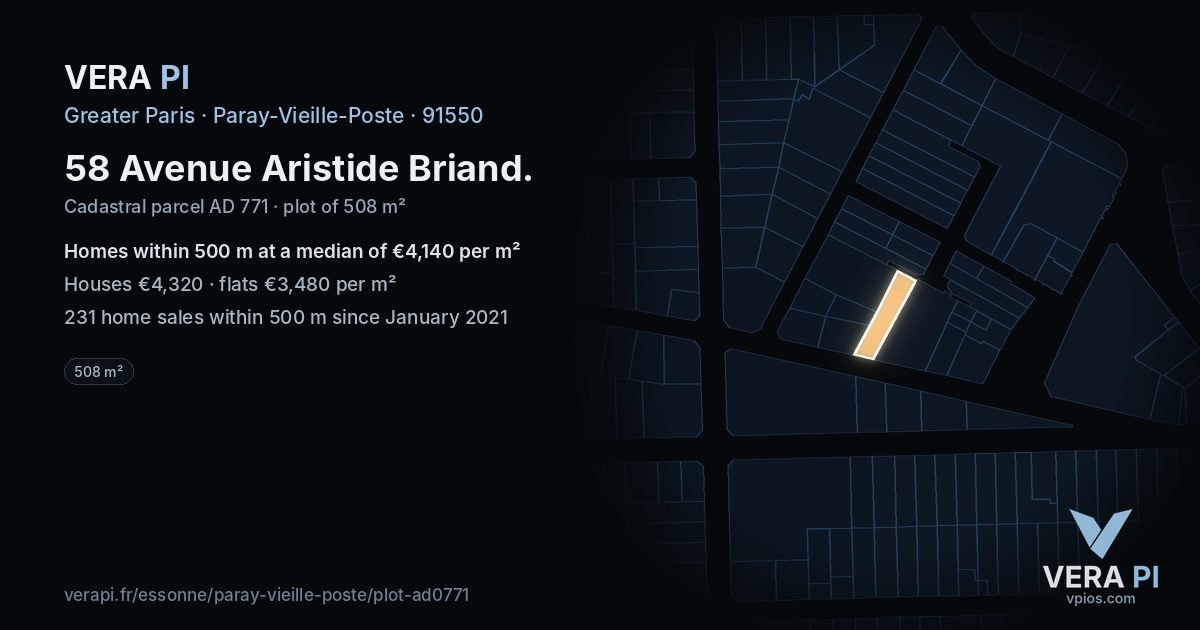 58 Avenue Aristide Briand, Paray-Vieille-Poste at night – the plot lit, the parcels around coloured by the prices near them