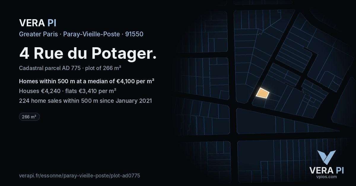 4 Rue du Potager, Paray-Vieille-Poste at night – the plot lit, the parcels around coloured by the prices near them