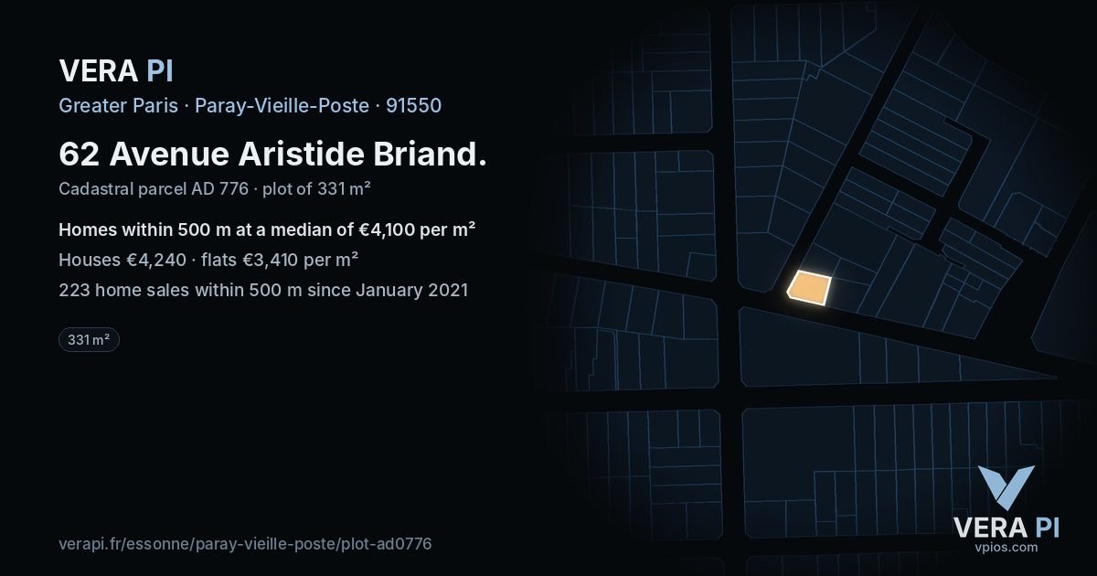 62 Avenue Aristide Briand, Paray-Vieille-Poste at night – the plot lit, the parcels around coloured by the prices near them