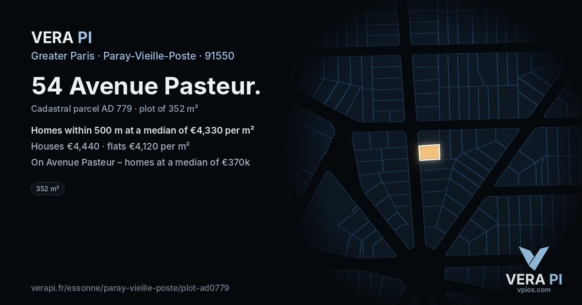 54 Avenue Pasteur, Paray-Vieille-Poste at night – the plot lit, the parcels around coloured by the prices near them