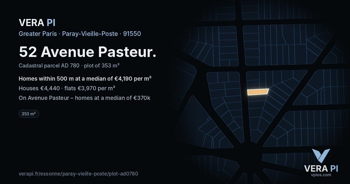 52 Avenue Pasteur, Paray-Vieille-Poste at night – the plot lit, the parcels around coloured by the prices near them