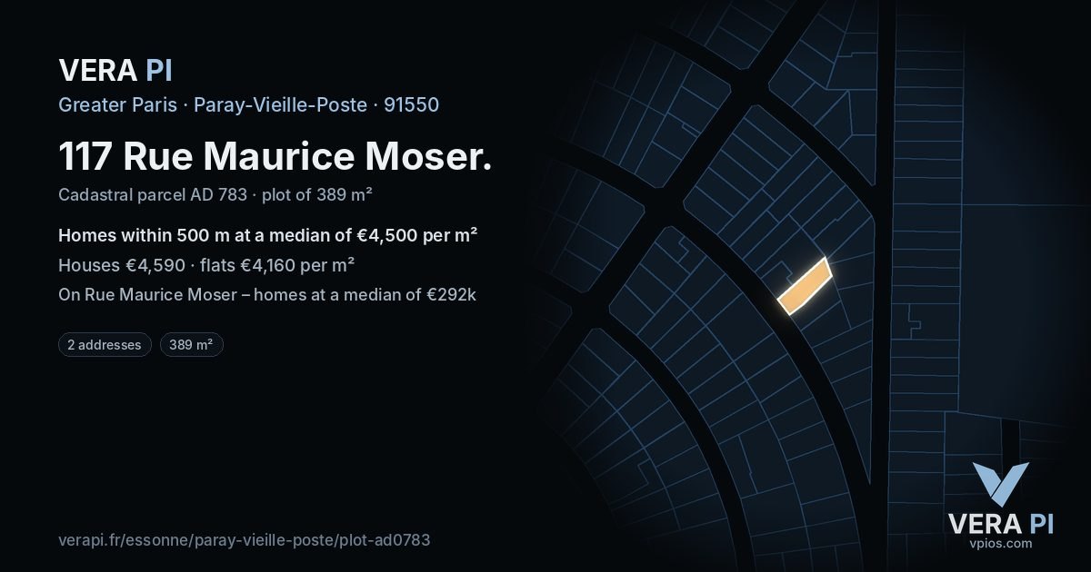 117 Rue Maurice Moser, Paray-Vieille-Poste at night – the plot lit, the parcels around coloured by the prices near them