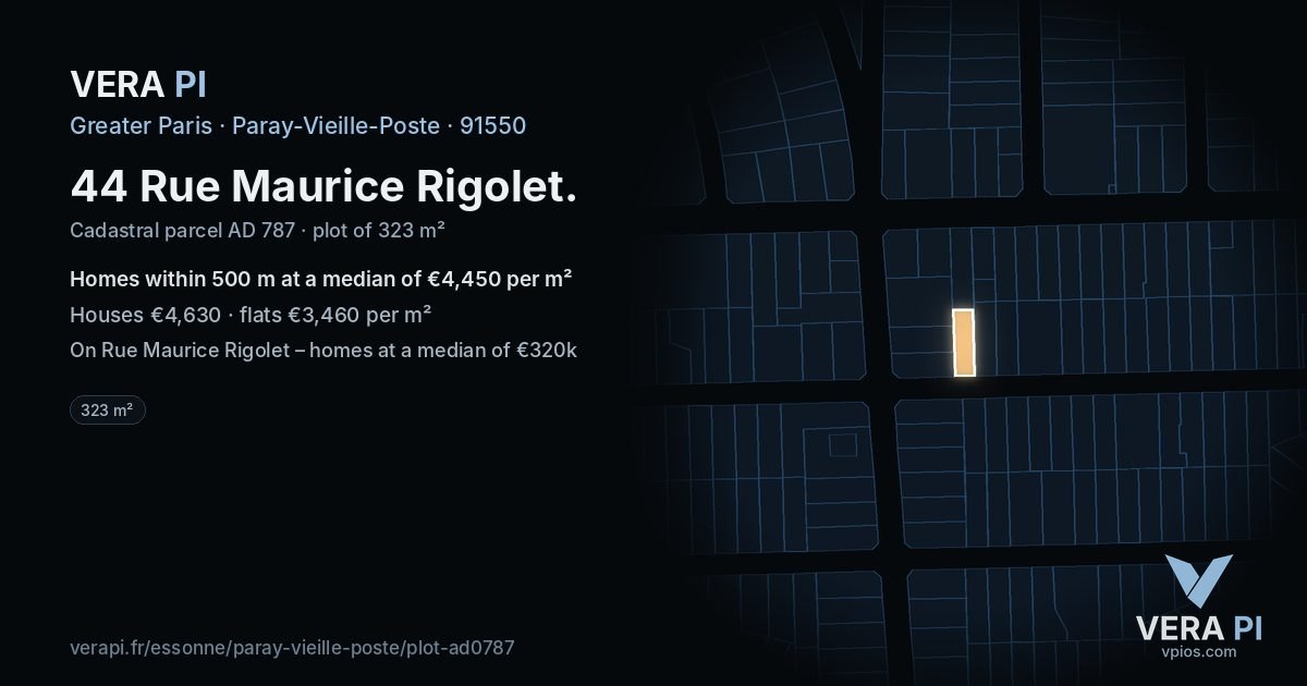 44 Rue Maurice Rigolet, Paray-Vieille-Poste at night – the plot lit, the parcels around coloured by the prices near them