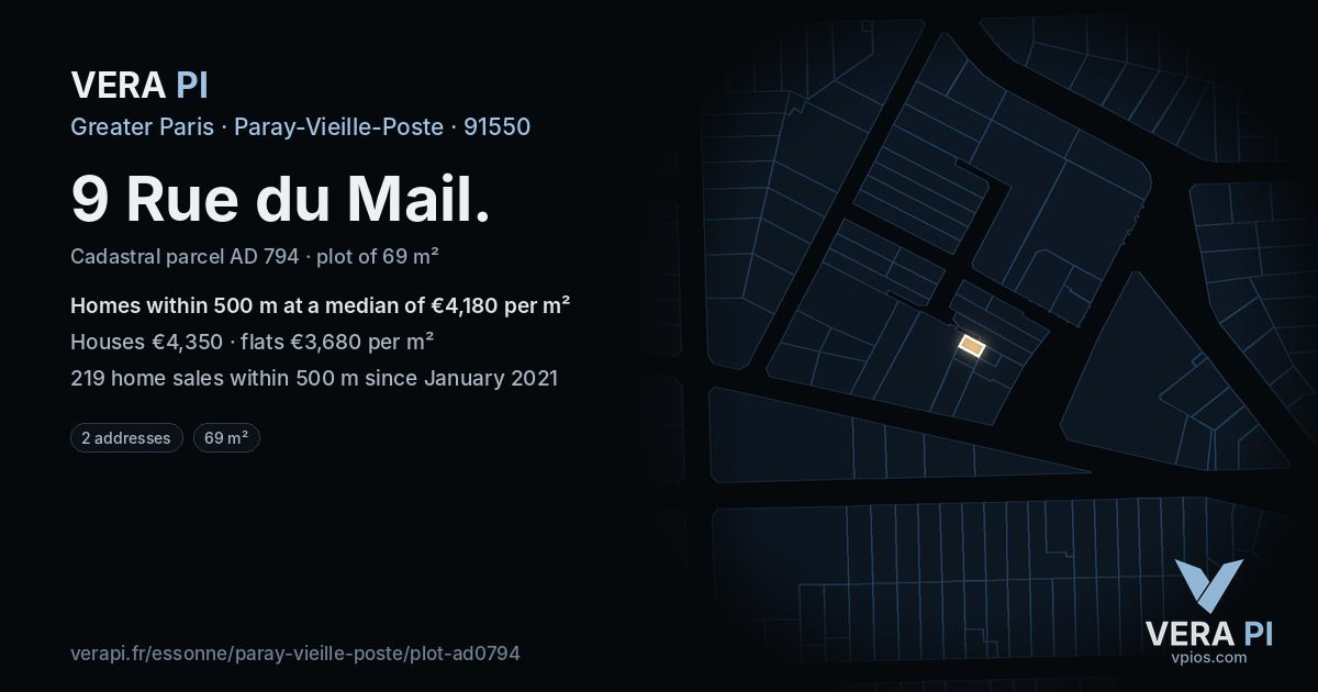 9 Rue du Mail, Paray-Vieille-Poste at night – the plot lit, the parcels around coloured by the prices near them