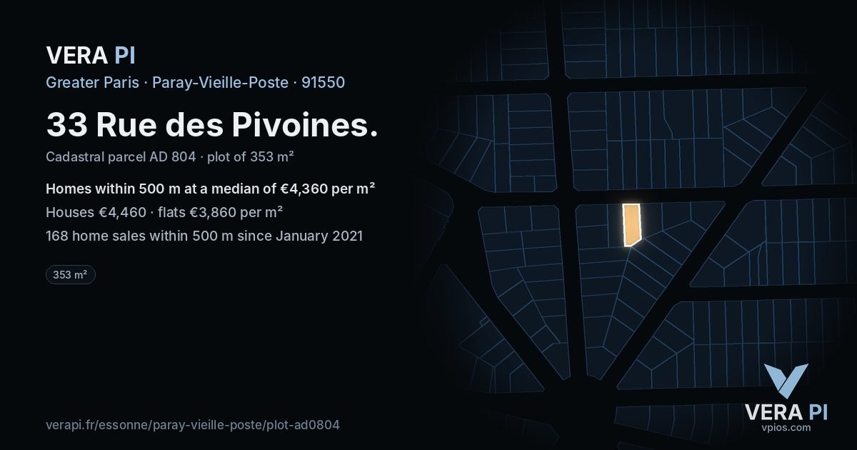 33 Rue des Pivoines, Paray-Vieille-Poste at night – the plot lit, the parcels around coloured by the prices near them