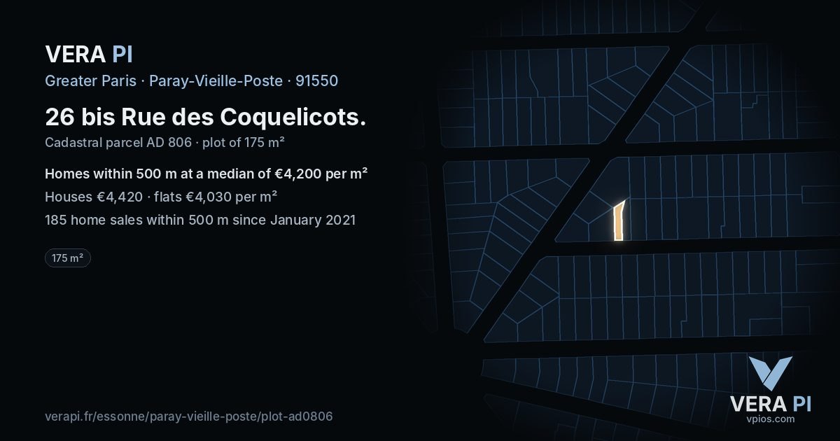 26 bis Rue des Coquelicots, Paray-Vieille-Poste at night – the plot lit, the parcels around coloured by the prices near them