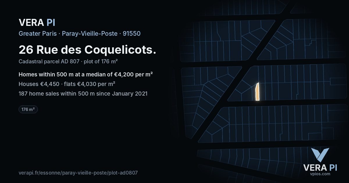 26 Rue des Coquelicots, Paray-Vieille-Poste at night – the plot lit, the parcels around coloured by the prices near them