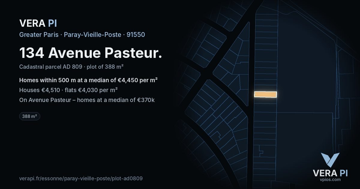 134 Avenue Pasteur, Paray-Vieille-Poste at night – the plot lit, the parcels around coloured by the prices near them