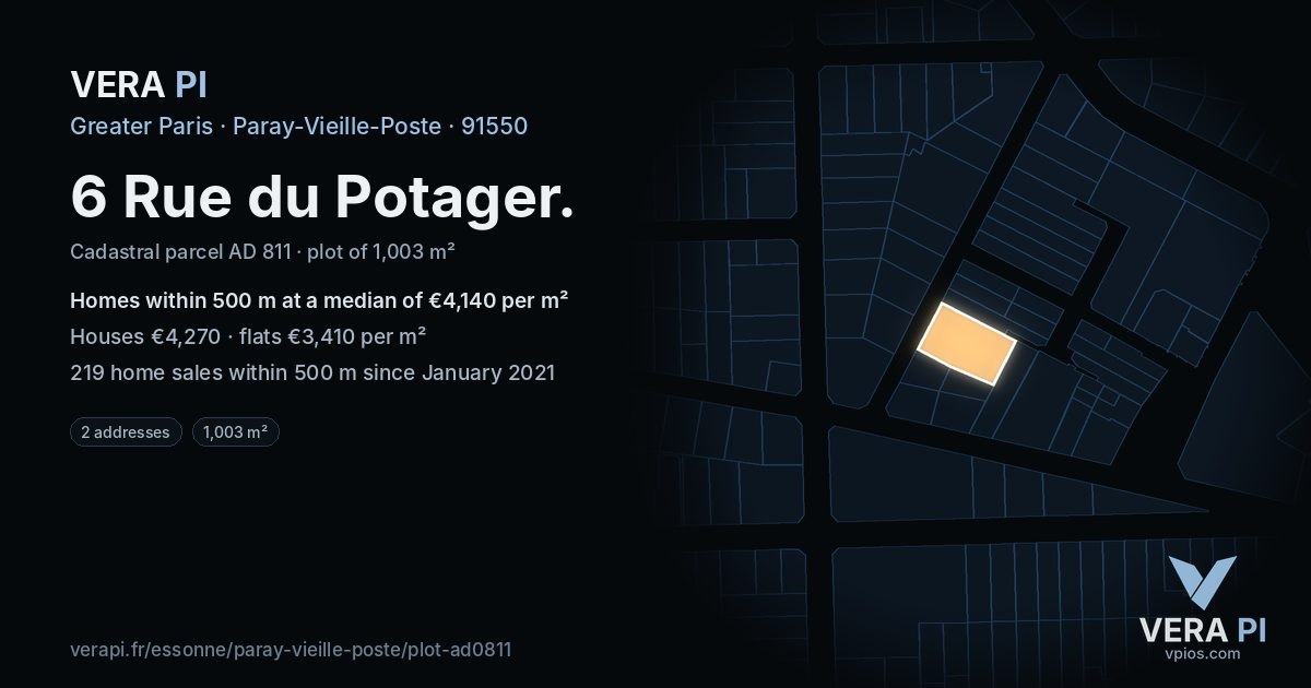 6 Rue du Potager, Paray-Vieille-Poste at night – the plot lit, the parcels around coloured by the prices near them