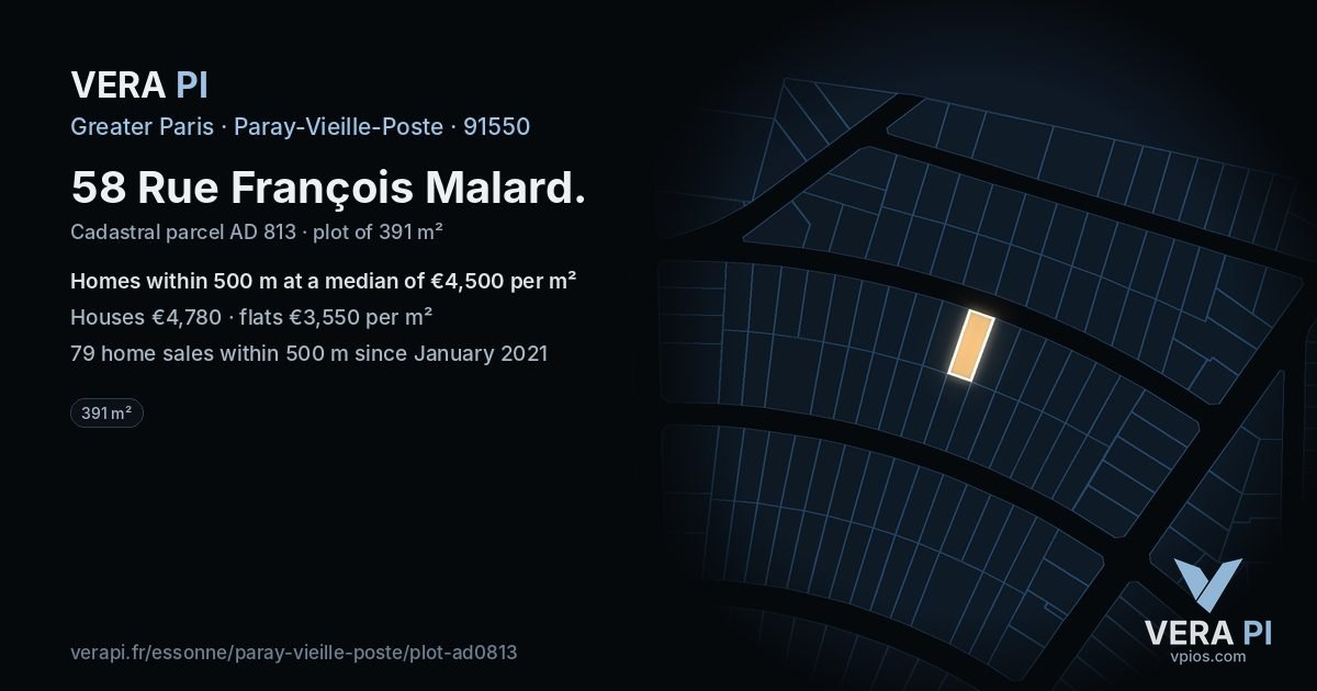58 Rue François Malard, Paray-Vieille-Poste at night – the plot lit, the parcels around coloured by the prices near them