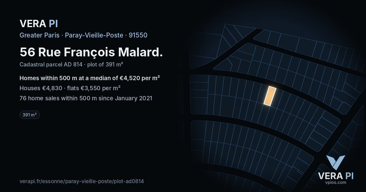 56 Rue François Malard, Paray-Vieille-Poste at night – the plot lit, the parcels around coloured by the prices near them