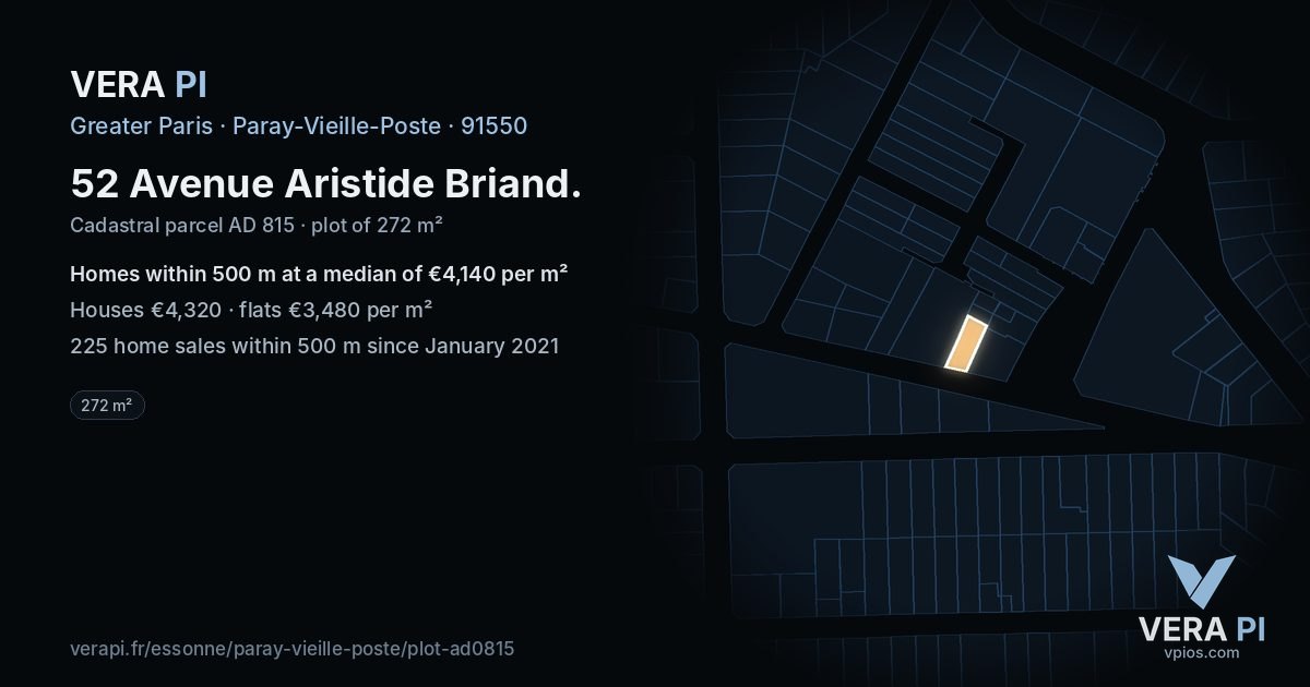 52 Avenue Aristide Briand, Paray-Vieille-Poste at night – the plot lit, the parcels around coloured by the prices near them