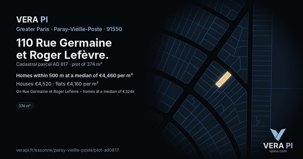 110 Rue Germaine et Roger Lefèvre, Paray-Vieille-Poste at night – the plot lit, the parcels around coloured by the prices near them