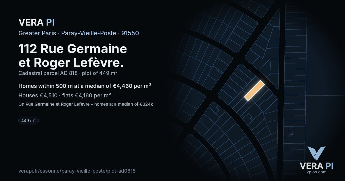 112 Rue Germaine et Roger Lefèvre, Paray-Vieille-Poste at night – the plot lit, the parcels around coloured by the prices near them