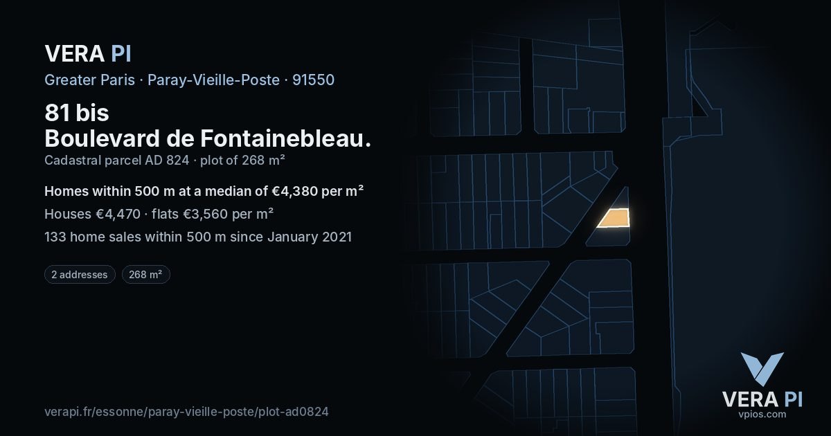 81 bis Boulevard de Fontainebleau, Paray-Vieille-Poste at night – the plot lit, the parcels around coloured by the prices near them