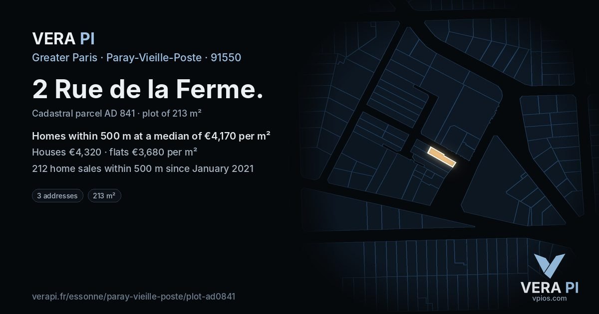 2 Rue de la Ferme, Paray-Vieille-Poste at night – the plot lit, the parcels around coloured by the prices near them