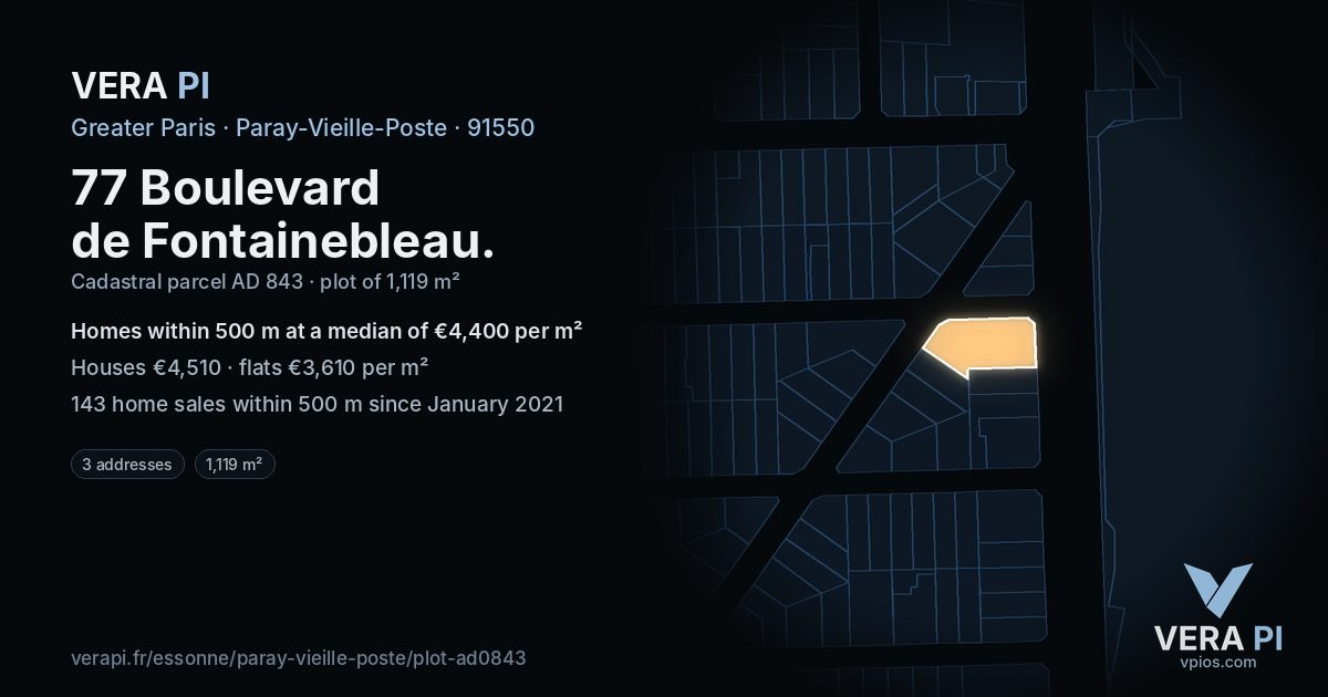 77 Boulevard de Fontainebleau, Paray-Vieille-Poste at night – the plot lit, the parcels around coloured by the prices near them