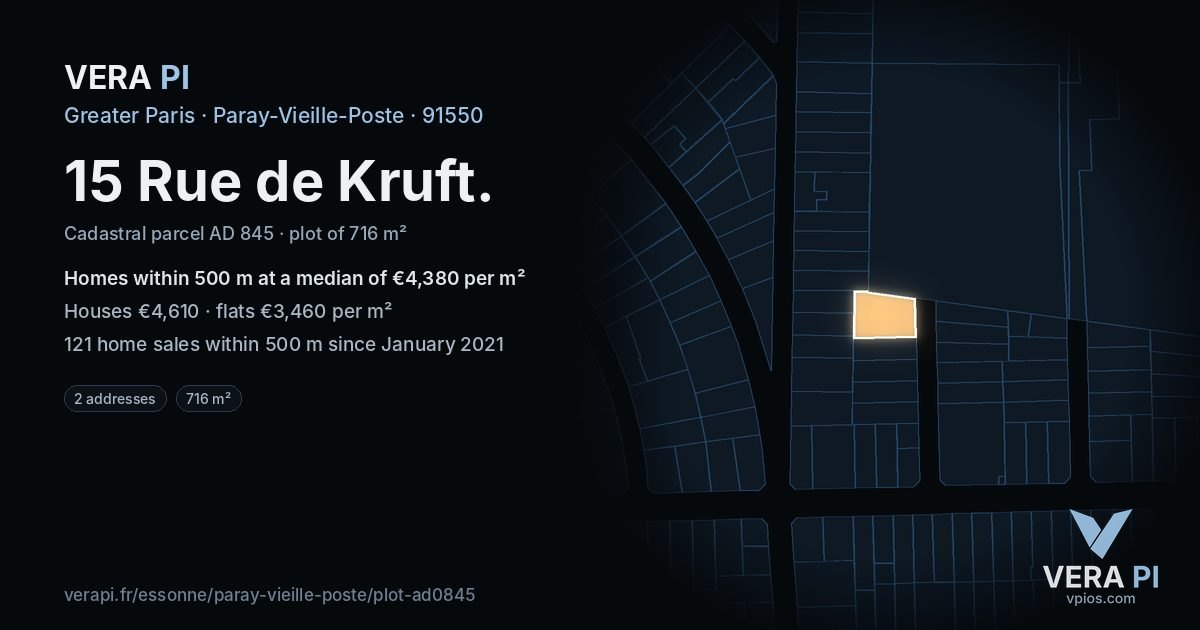 15 Rue de Kruft, Paray-Vieille-Poste at night – the plot lit, the parcels around coloured by the prices near them