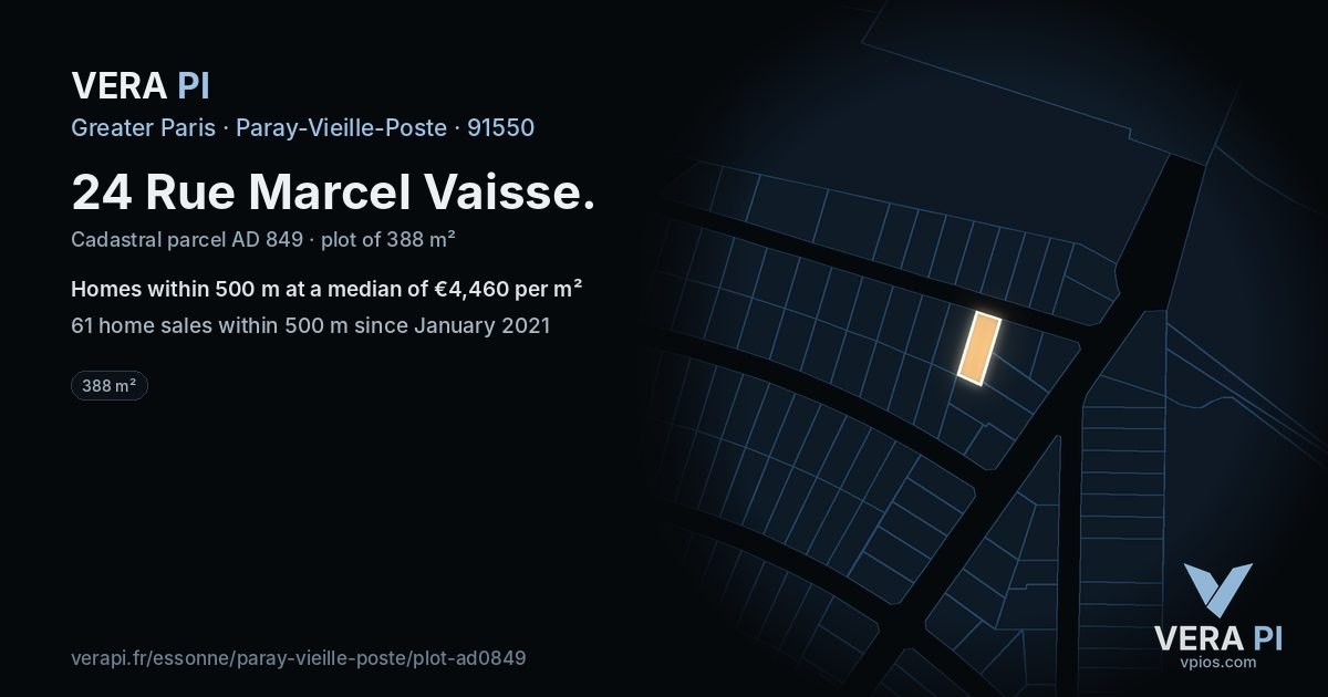 24 Rue Marcel Vaisse, Paray-Vieille-Poste at night – the plot lit, the parcels around coloured by the prices near them