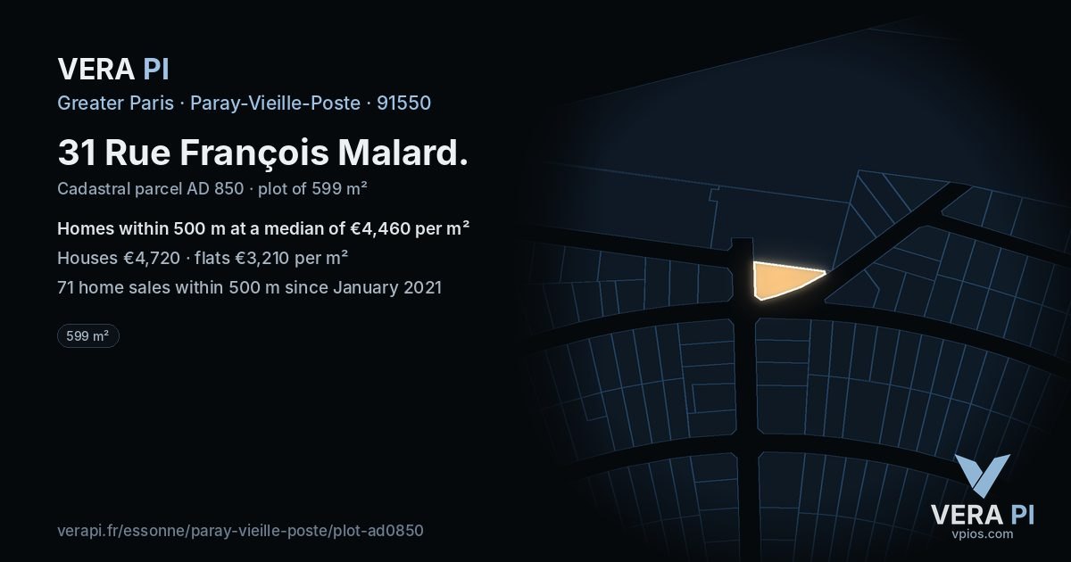 31 Rue François Malard, Paray-Vieille-Poste at night – the plot lit, the parcels around coloured by the prices near them