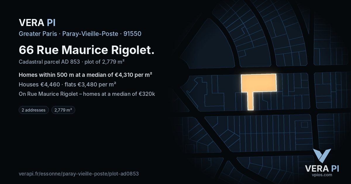 66 Rue Maurice Rigolet, Paray-Vieille-Poste at night – the plot lit, the parcels around coloured by the prices near them