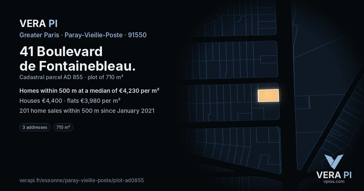 41 Boulevard de Fontainebleau, Paray-Vieille-Poste at night – the plot lit, the parcels around coloured by the prices near them