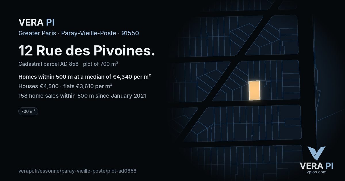12 Rue des Pivoines, Paray-Vieille-Poste at night – the plot lit, the parcels around coloured by the prices near them