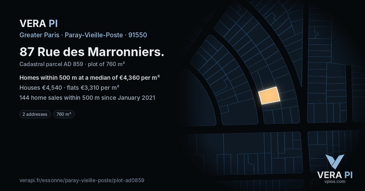 87 Rue des Marronniers, Paray-Vieille-Poste at night – the plot lit, the parcels around coloured by the prices near them
