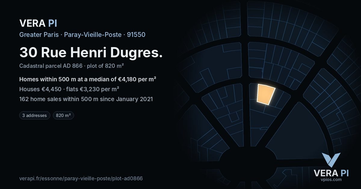 30 Rue Henri Dugres, Paray-Vieille-Poste at night – the plot lit, the parcels around coloured by the prices near them