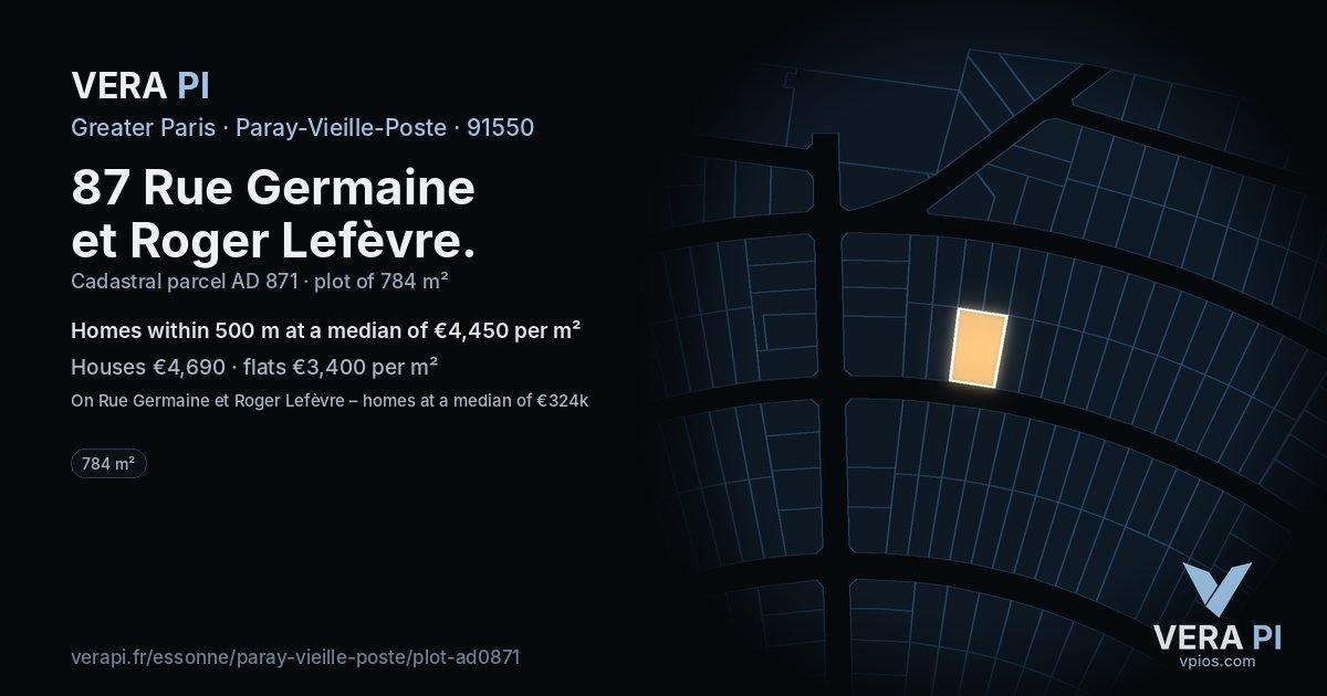 87 Rue Germaine et Roger Lefèvre, Paray-Vieille-Poste at night – the plot lit, the parcels around coloured by the prices near them