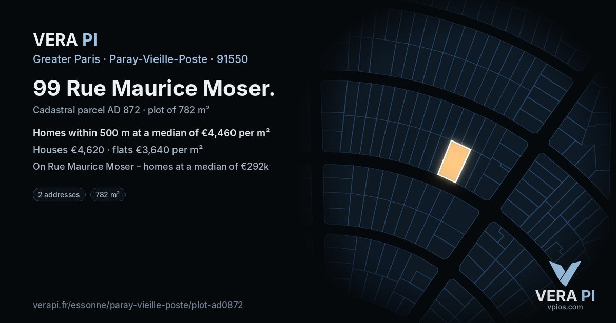 99 Rue Maurice Moser, Paray-Vieille-Poste at night – the plot lit, the parcels around coloured by the prices near them
