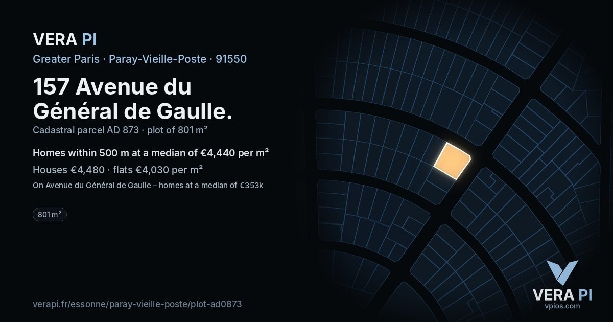 157 Avenue du Général de Gaulle, Paray-Vieille-Poste at night – the plot lit, the parcels around coloured by the prices near them