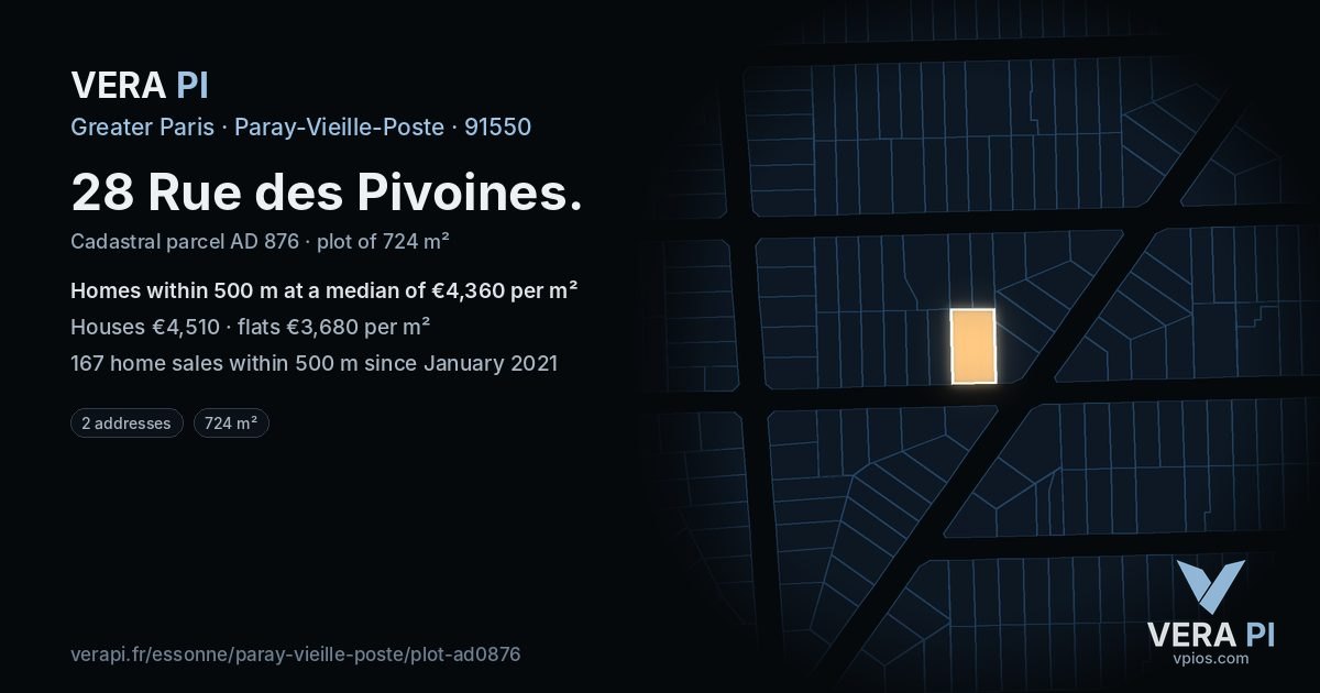 28 Rue des Pivoines, Paray-Vieille-Poste at night – the plot lit, the parcels around coloured by the prices near them