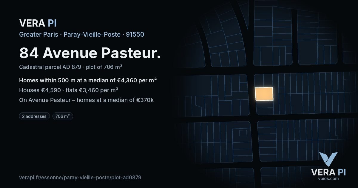 84 Avenue Pasteur, Paray-Vieille-Poste at night – the plot lit, the parcels around coloured by the prices near them