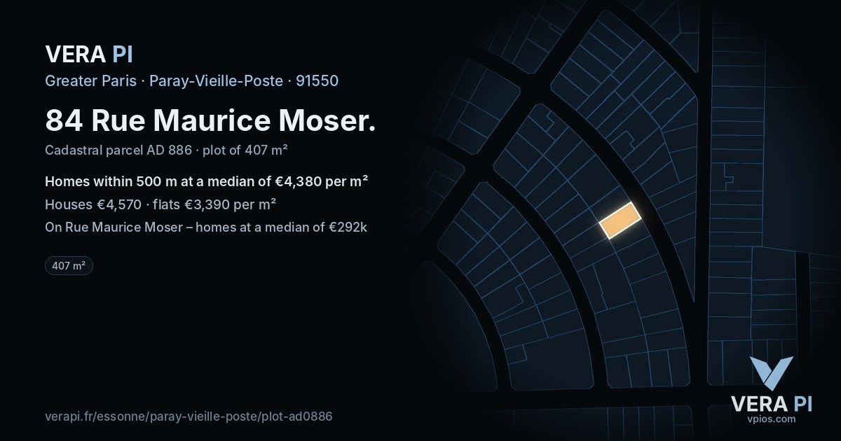 84 Rue Maurice Moser, Paray-Vieille-Poste at night – the plot lit, the parcels around coloured by the prices near them