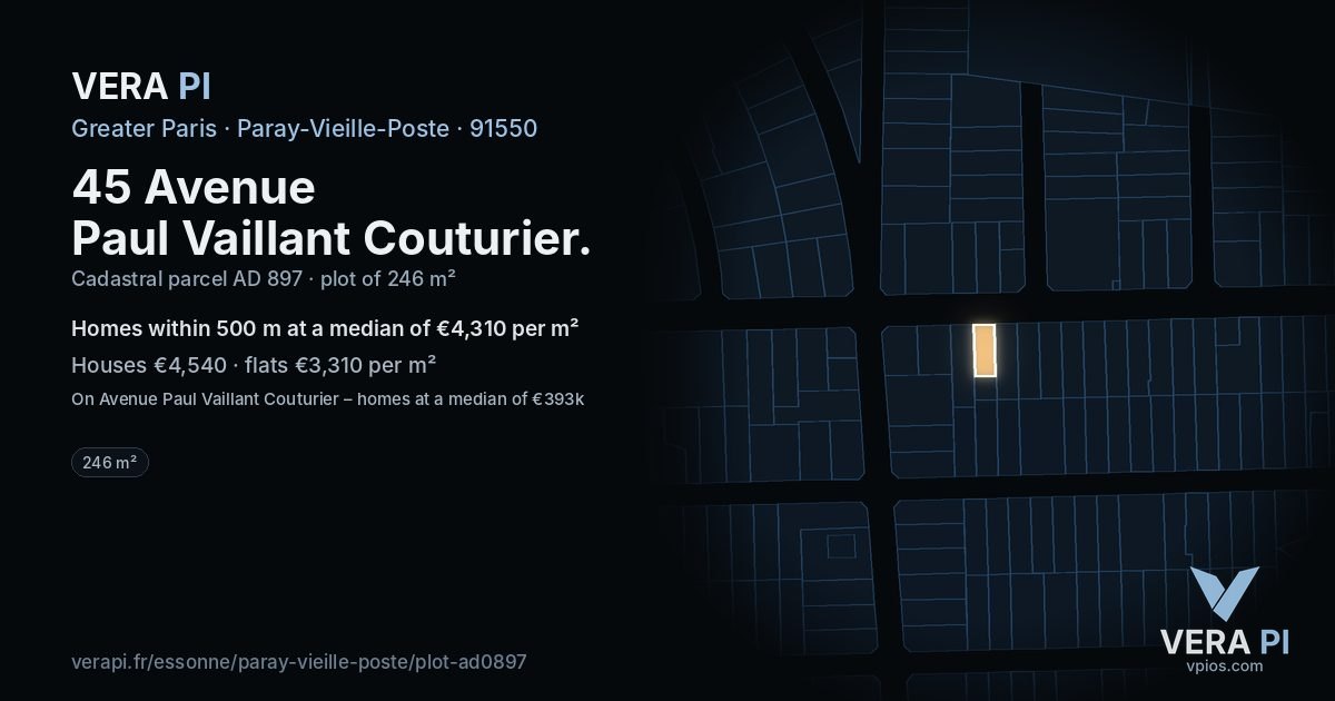 45 Avenue Paul Vaillant Couturier, Paray-Vieille-Poste at night – the plot lit, the parcels around coloured by the prices near them