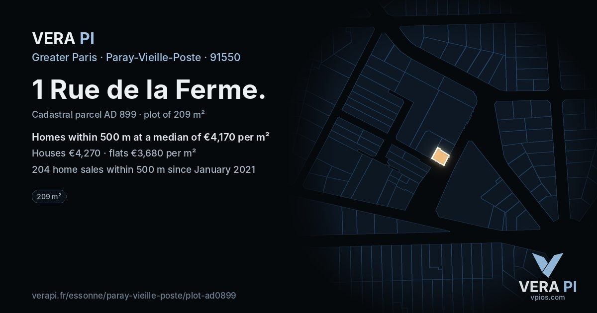 1 Rue de la Ferme, Paray-Vieille-Poste at night – the plot lit, the parcels around coloured by the prices near them