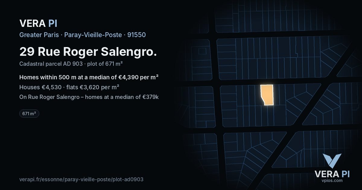 29 Rue Roger Salengro, Paray-Vieille-Poste at night – the plot lit, the parcels around coloured by the prices near them