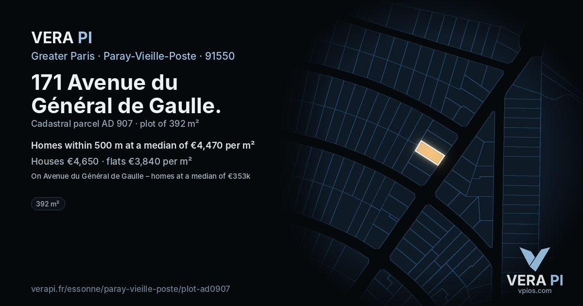 171 Avenue du Général de Gaulle, Paray-Vieille-Poste at night – the plot lit, the parcels around coloured by the prices near them