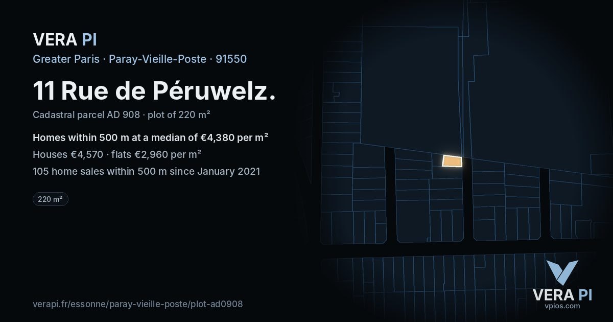 11 Rue de Péruwelz, Paray-Vieille-Poste at night – the plot lit, the parcels around coloured by the prices near them