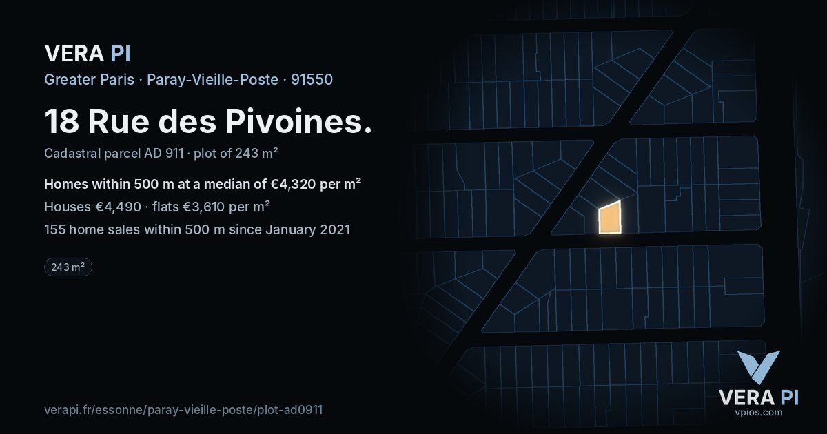 18 Rue des Pivoines, Paray-Vieille-Poste at night – the plot lit, the parcels around coloured by the prices near them