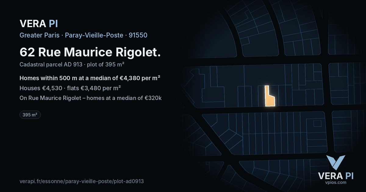 62 Rue Maurice Rigolet, Paray-Vieille-Poste at night – the plot lit, the parcels around coloured by the prices near them