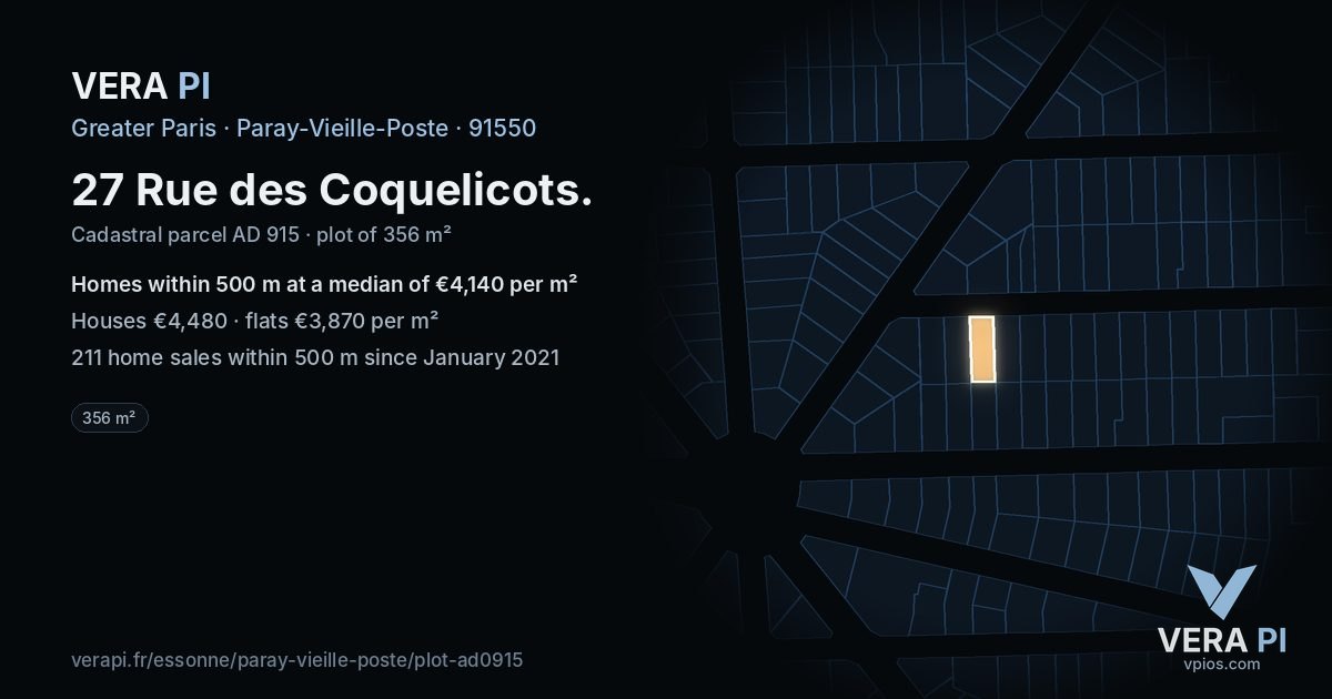 27 Rue des Coquelicots, Paray-Vieille-Poste at night – the plot lit, the parcels around coloured by the prices near them